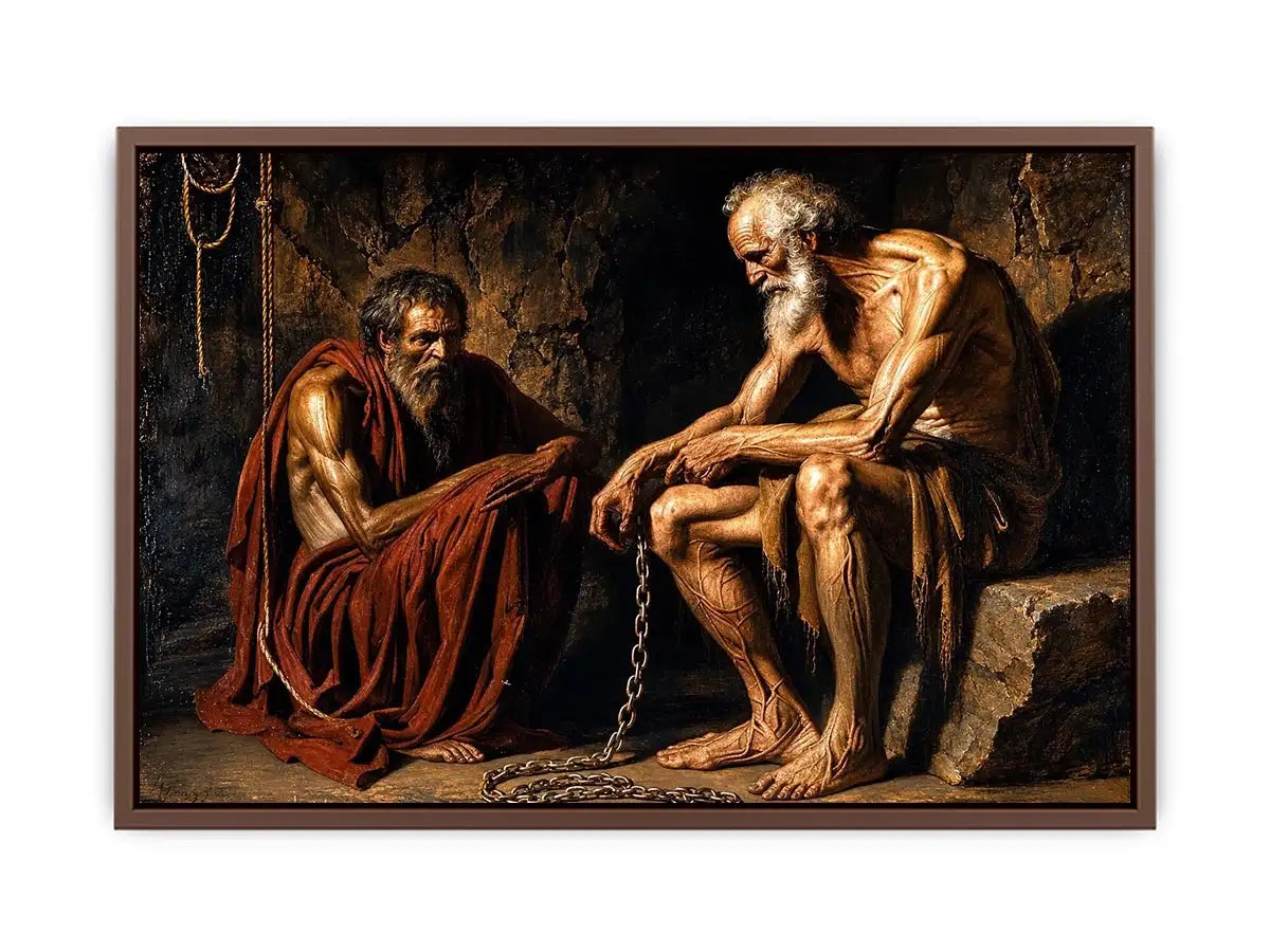 Elderly figures in a dim cavern