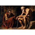 Elderly figures in a dim cavern