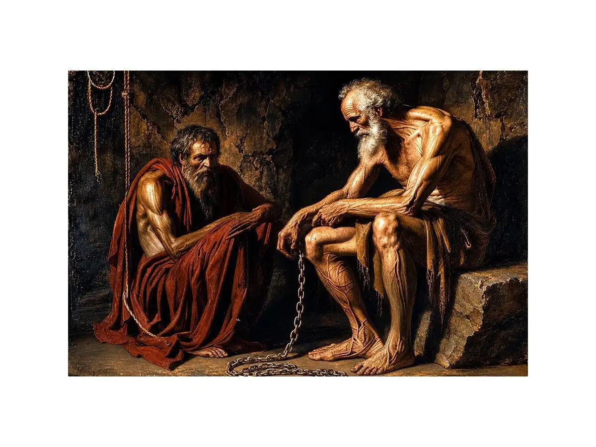 Elderly figures in a dim cavern