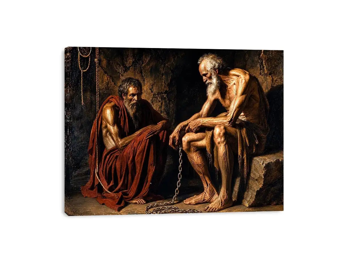 Elderly figures in a dim cavern