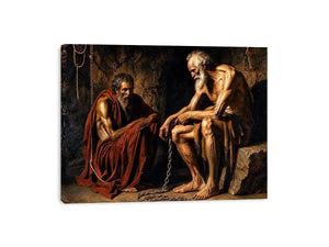 Elderly figures in a dim cavern