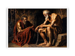 Elderly figures in a dim cavern