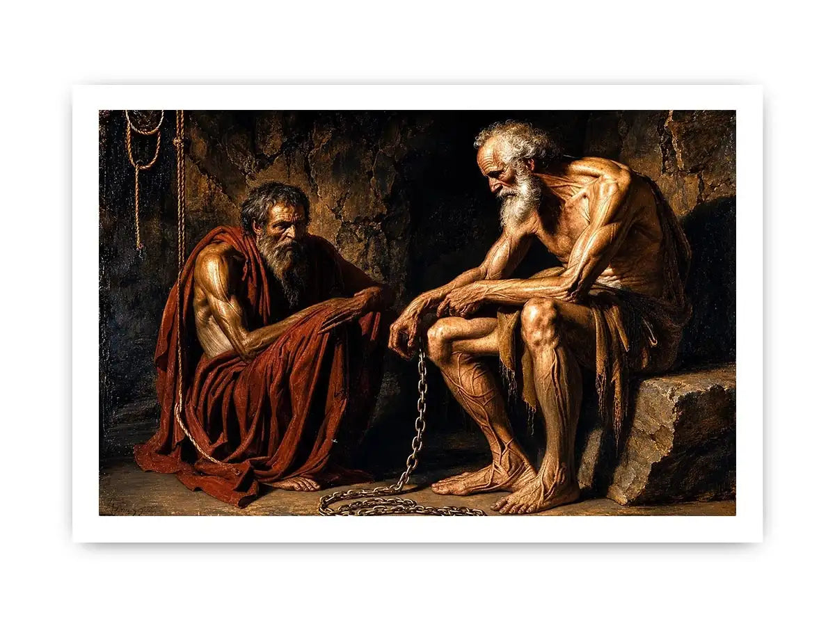 Elderly figures in a dim cavern