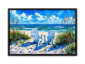 Serene beach scene with Adirondack chairs