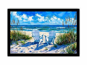 Serene beach scene with Adirondack chairs
