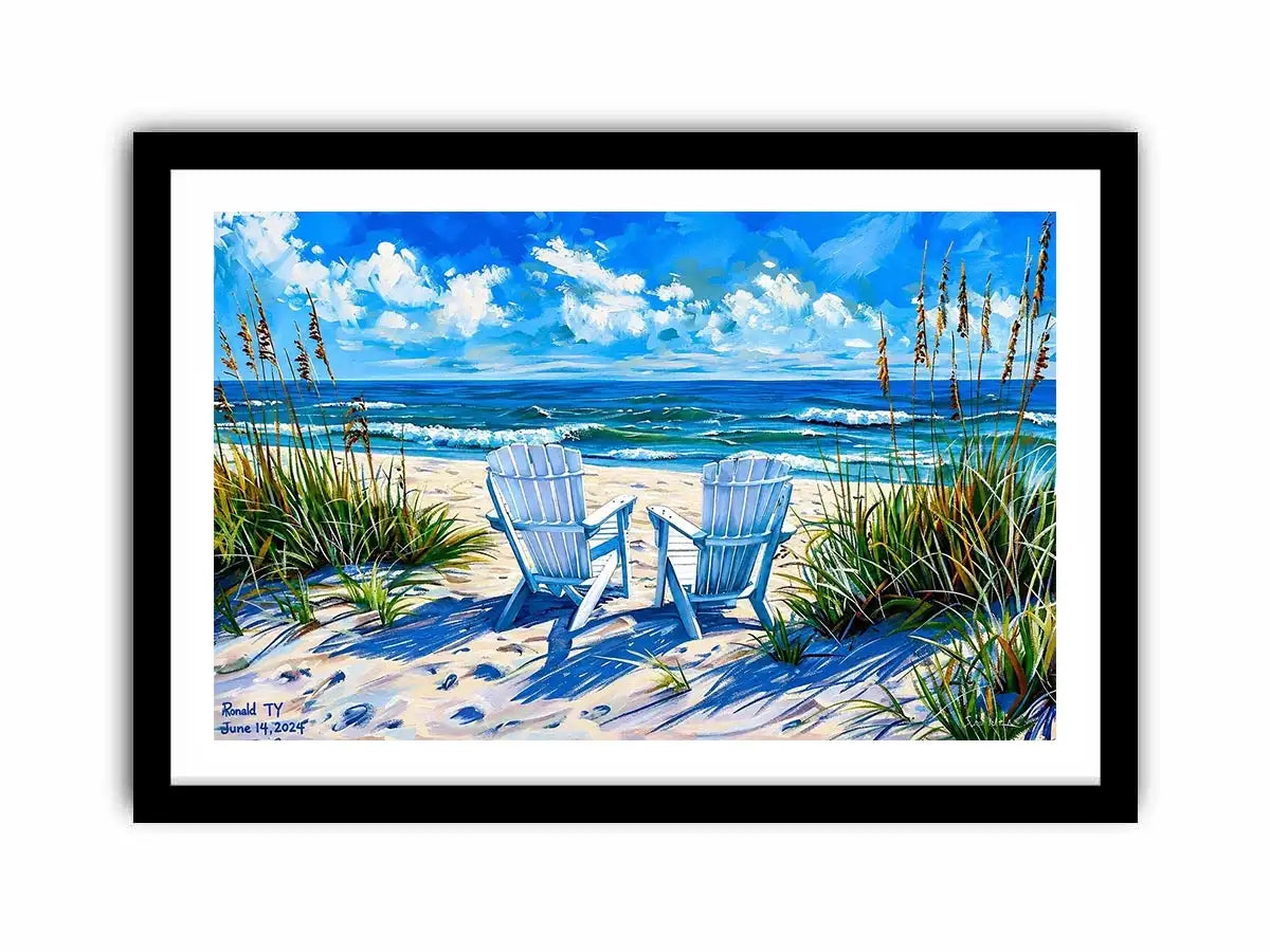 Serene beach scene with Adirondack chairs