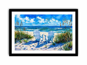 Serene beach scene with Adirondack chairs