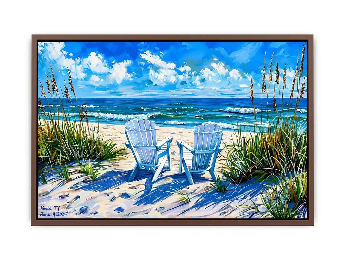 Serene beach scene with Adirondack chairs