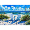 Serene beach scene with Adirondack chairs