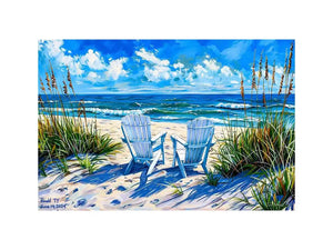 Serene beach scene with Adirondack chairs