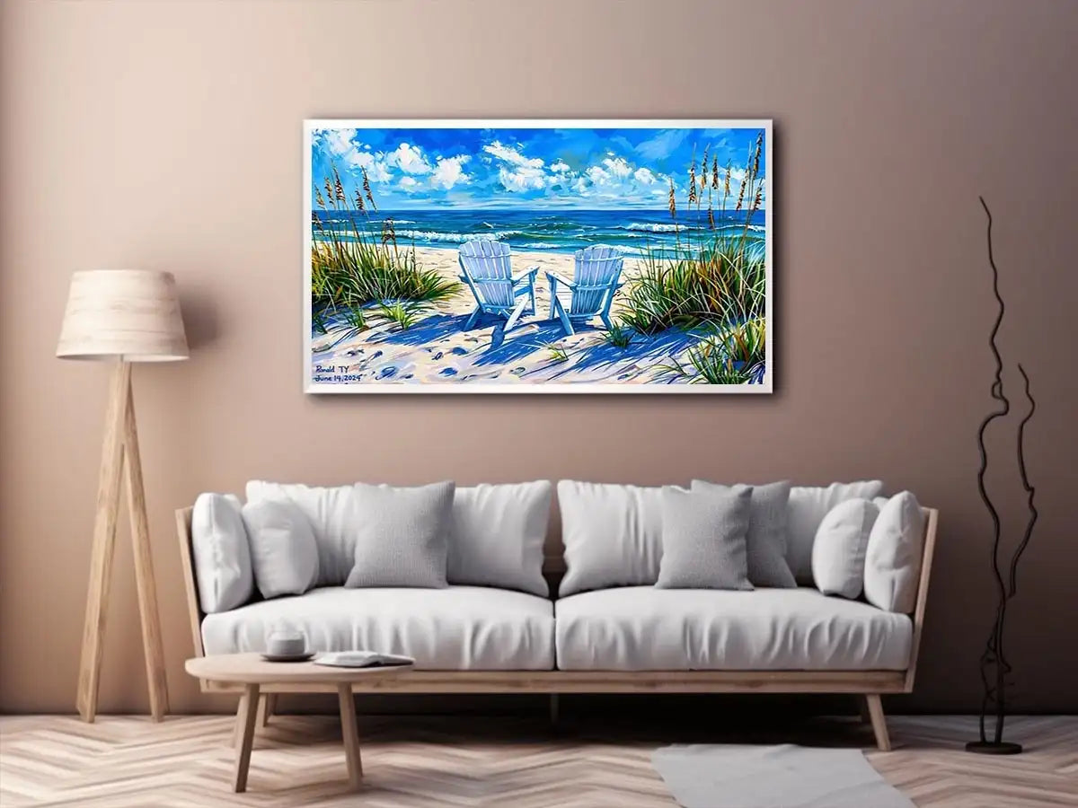 Serene beach scene with Adirondack chairs