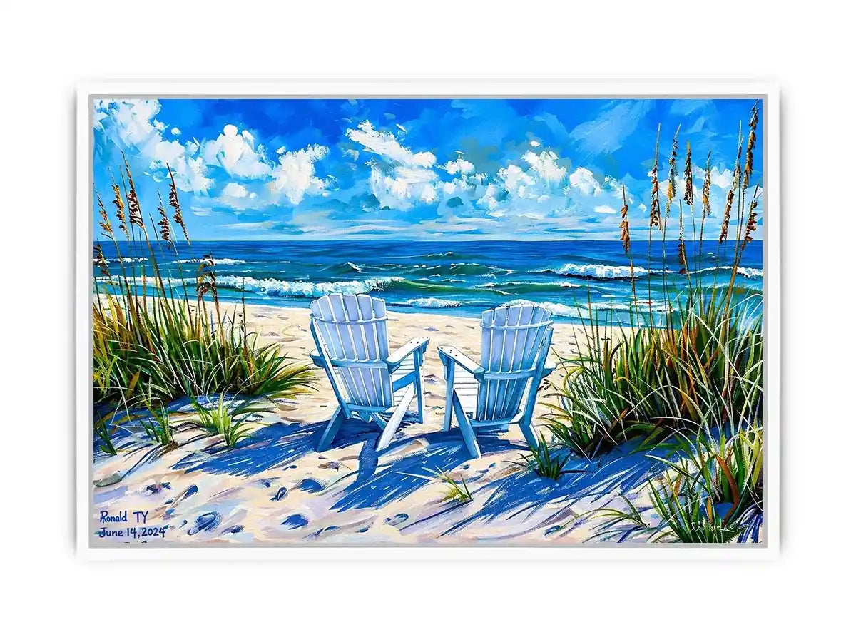 Serene beach scene with Adirondack chairs