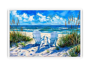 Serene beach scene with Adirondack chairs