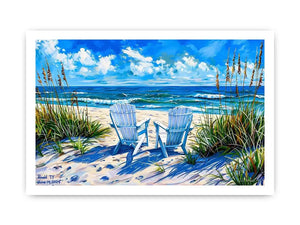 Serene beach scene with Adirondack chairs