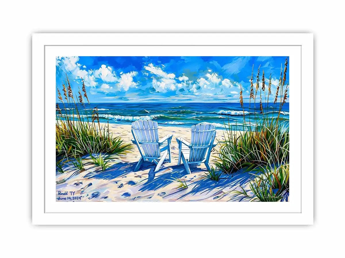 Serene beach scene with Adirondack chairs
