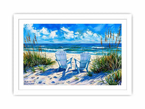 Serene beach scene with Adirondack chairs