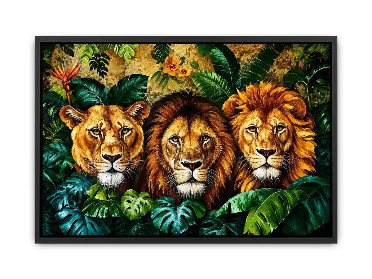 Majestic lions in lush jungle foliage