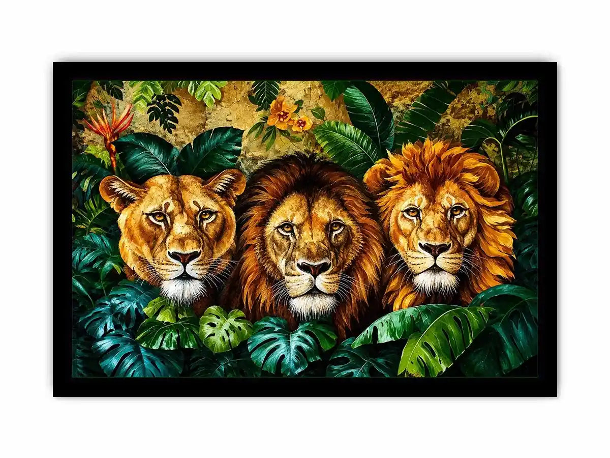 Majestic lions in lush jungle foliage