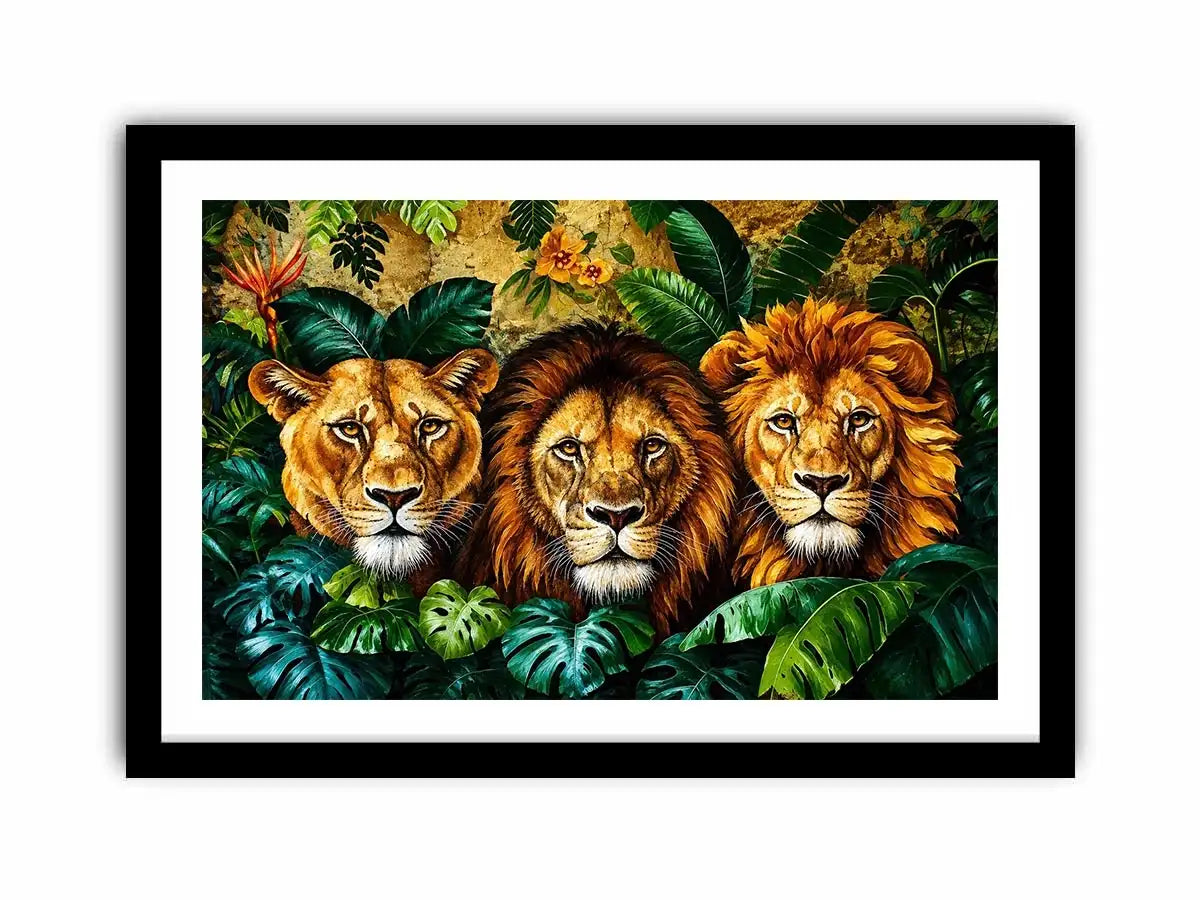 Majestic lions in lush jungle foliage