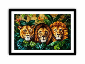 Majestic lions in lush jungle foliage