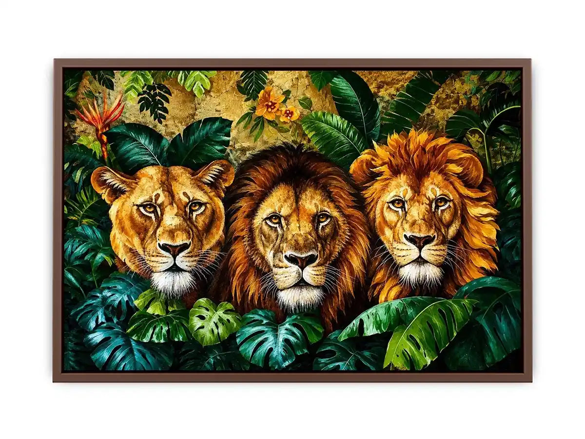 Majestic lions in lush jungle foliage
