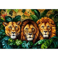 Majestic lions in lush jungle foliage