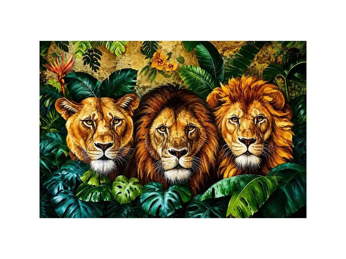 Majestic lions in lush jungle foliage