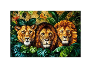 Majestic lions in lush jungle foliage