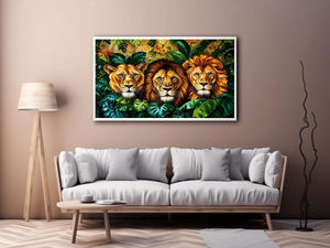 Majestic lions in lush jungle foliage