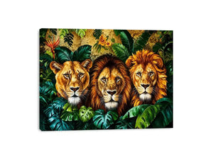 Majestic lions in lush jungle foliage
