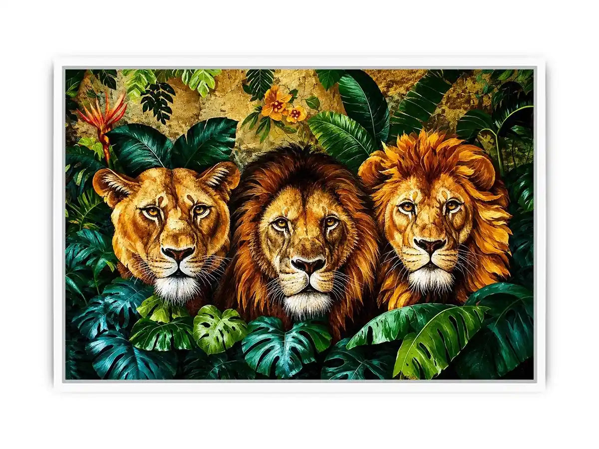 Majestic lions in lush jungle foliage