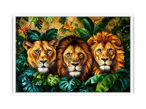 Majestic lions in lush jungle foliage