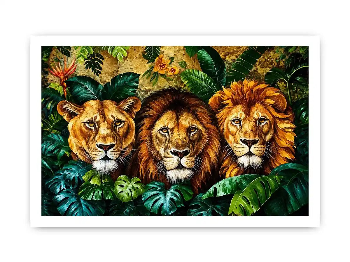 Majestic lions in lush jungle foliage