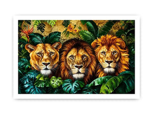 Majestic lions in lush jungle foliage