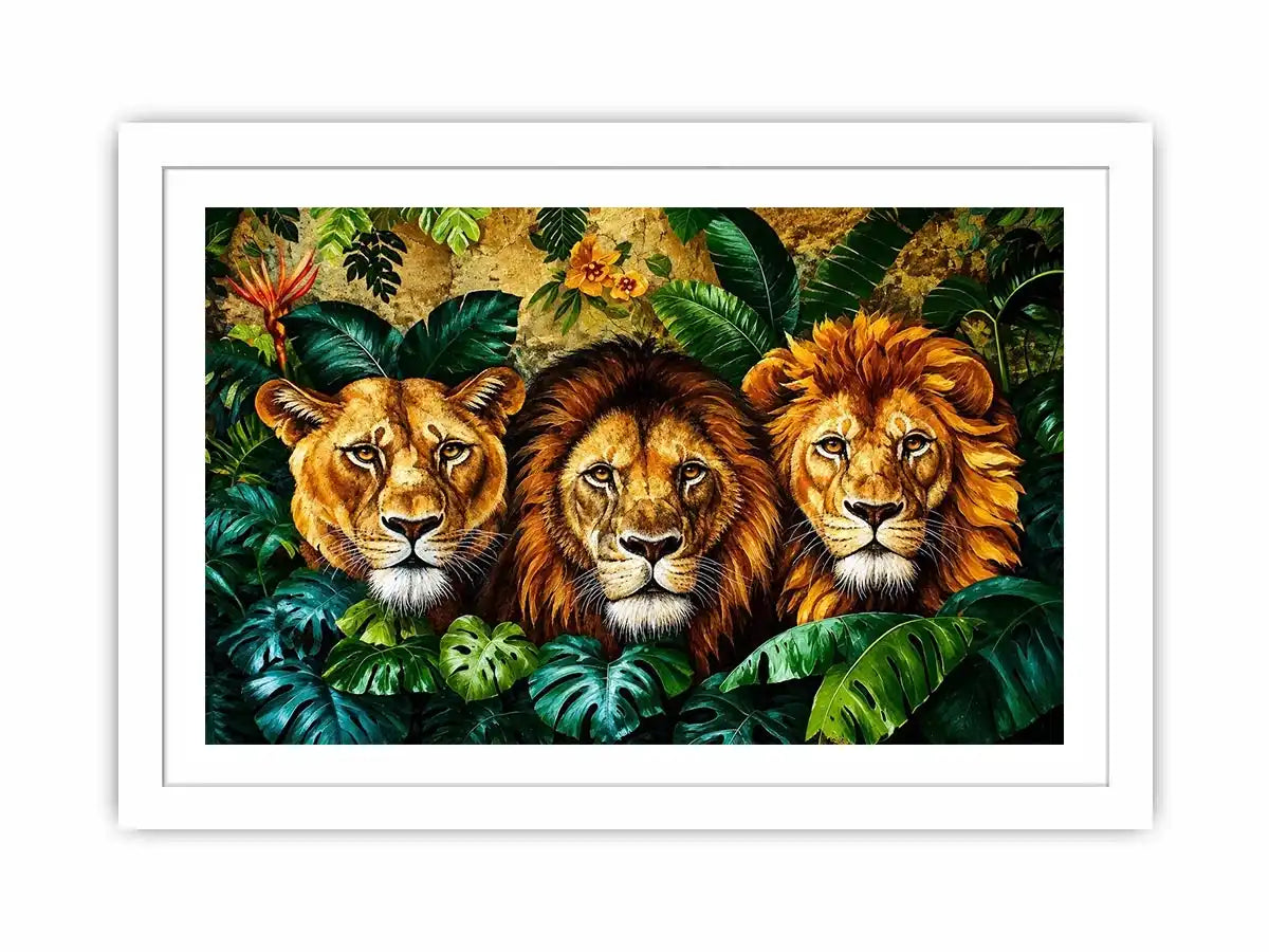 Majestic lions in lush jungle foliage