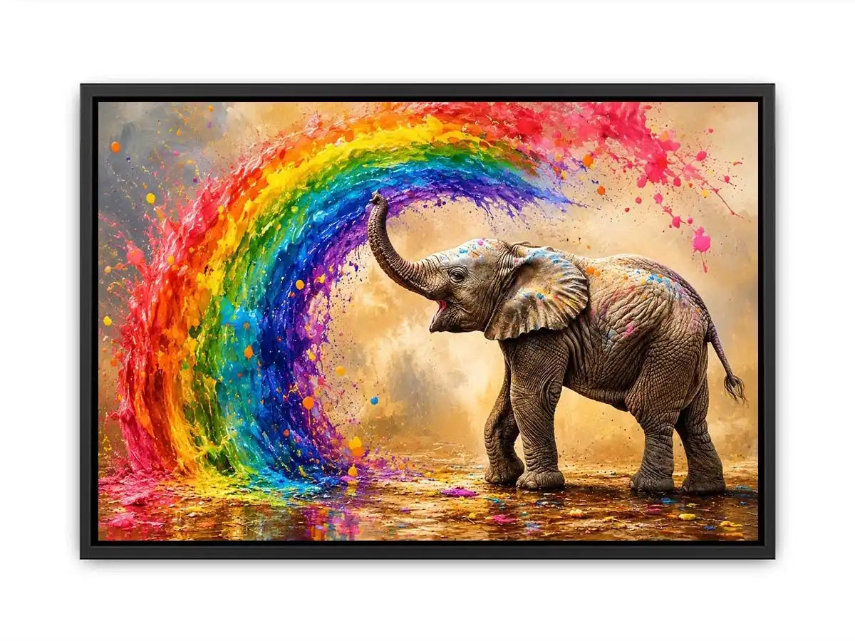 Colorful elephant under a vibrant rainbow