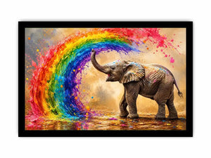 Colorful elephant under a vibrant rainbow