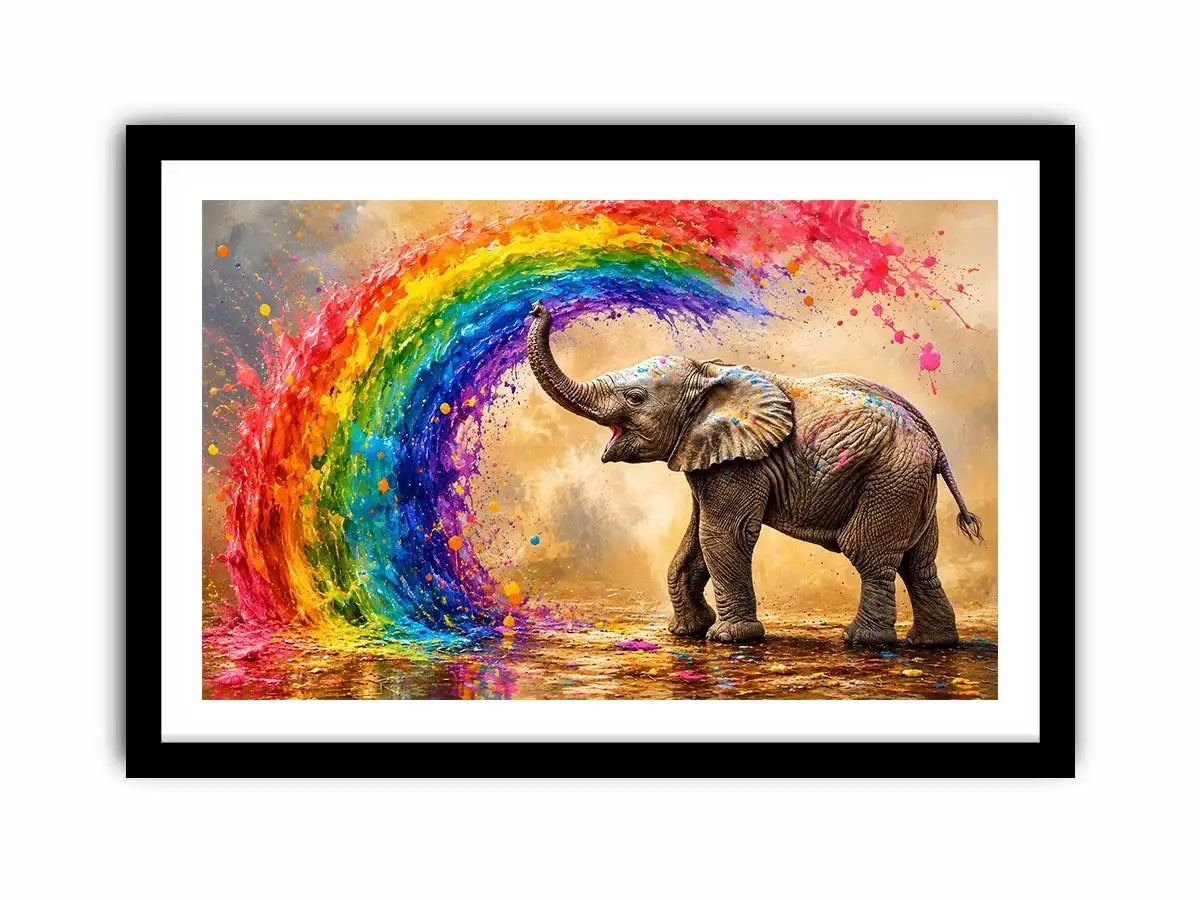 Colorful elephant under a vibrant rainbow