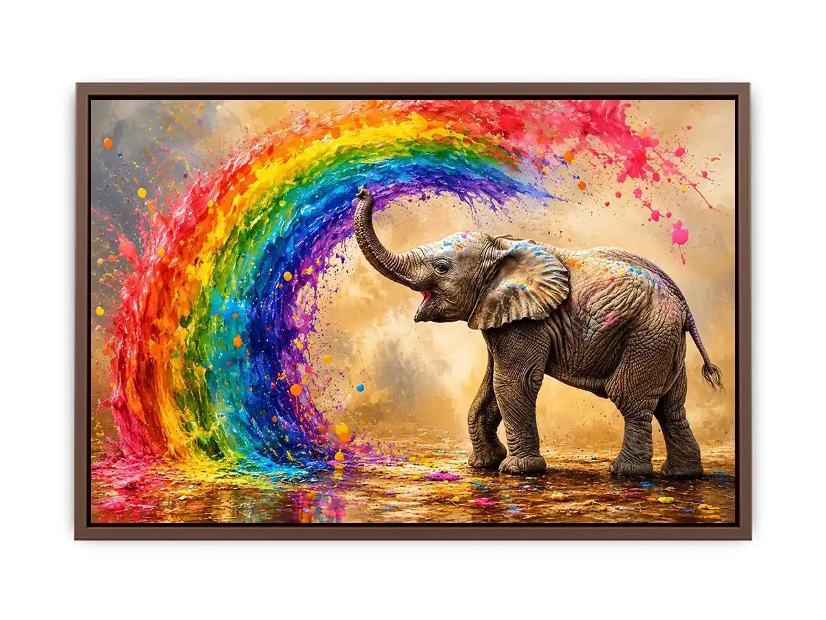 Colorful elephant under a vibrant rainbow