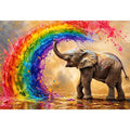 Colorful elephant under a vibrant rainbow