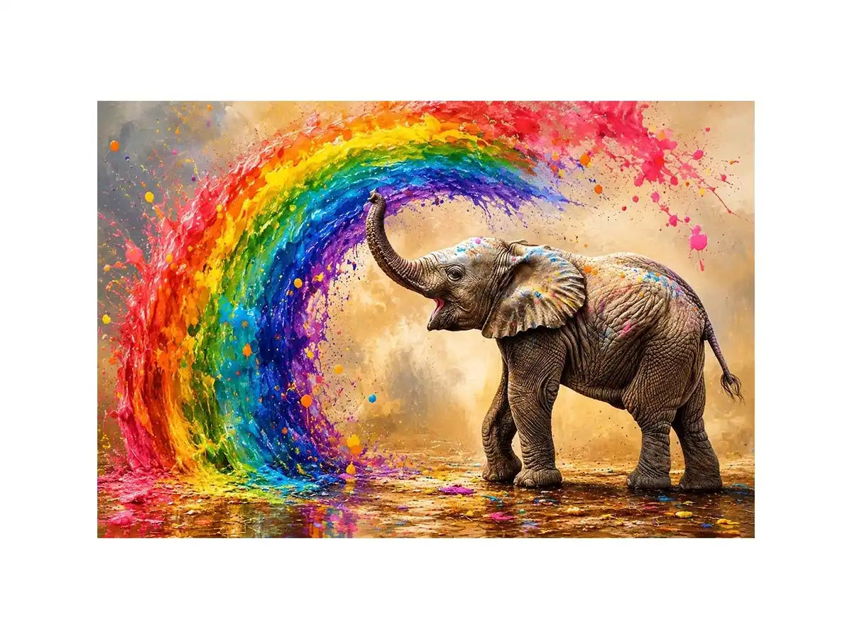 Colorful elephant under a vibrant rainbow