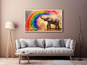 Colorful elephant under a vibrant rainbow
