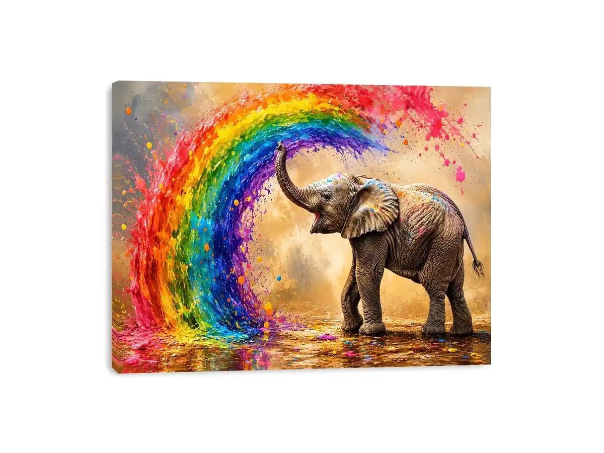 Colorful elephant under a vibrant rainbow