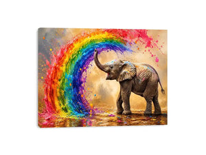 Colorful elephant under a vibrant rainbow