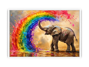 Colorful elephant under a vibrant rainbow