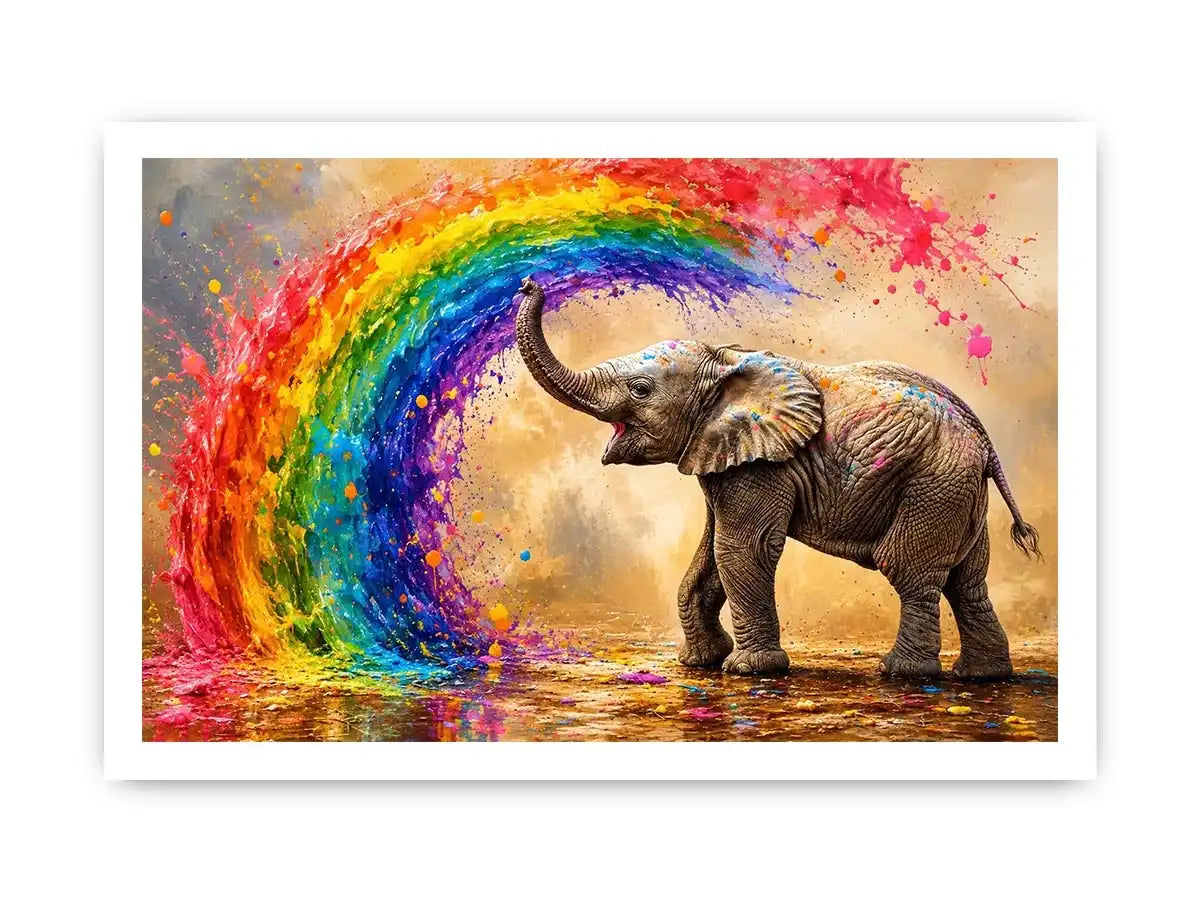 Colorful elephant under a vibrant rainbow
