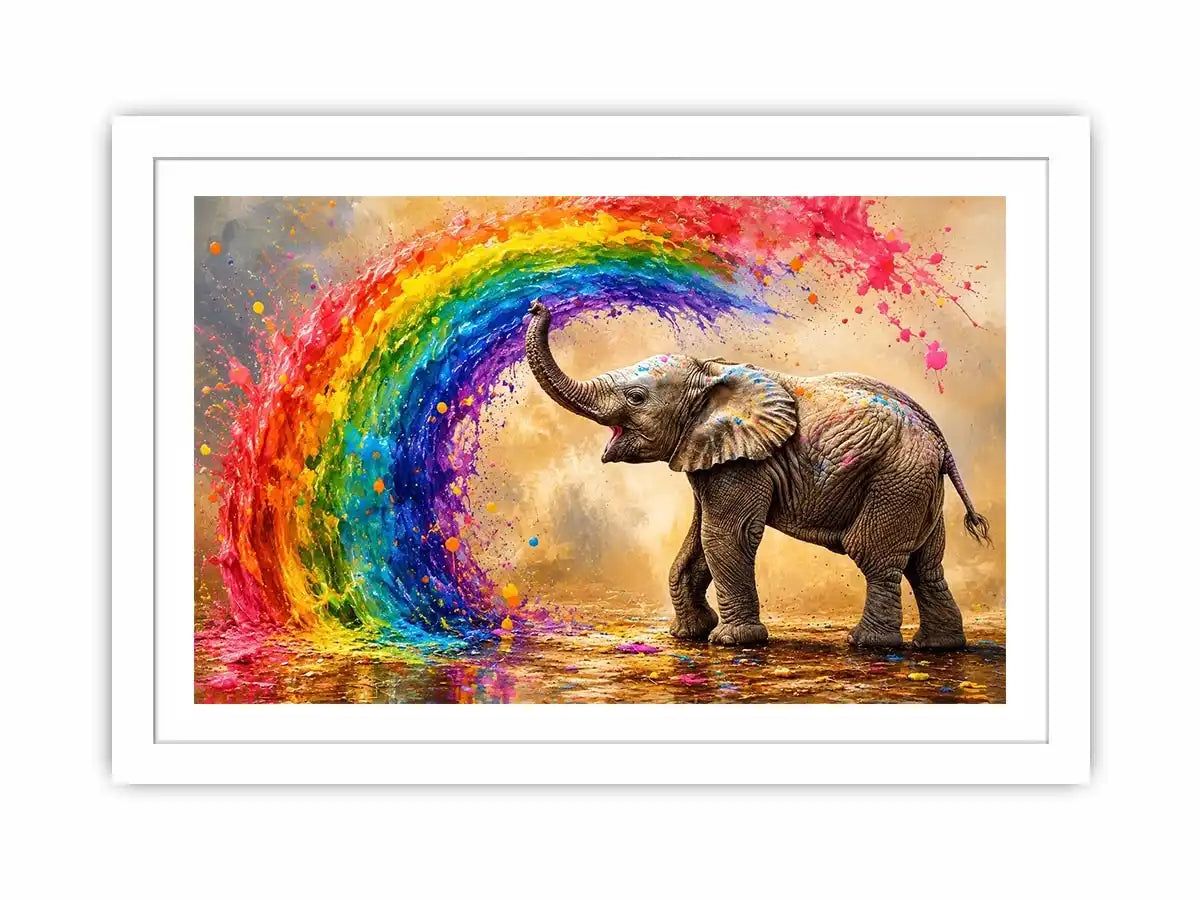 Colorful elephant under a vibrant rainbow