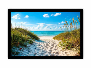 Sunny beach path to turquoise waves