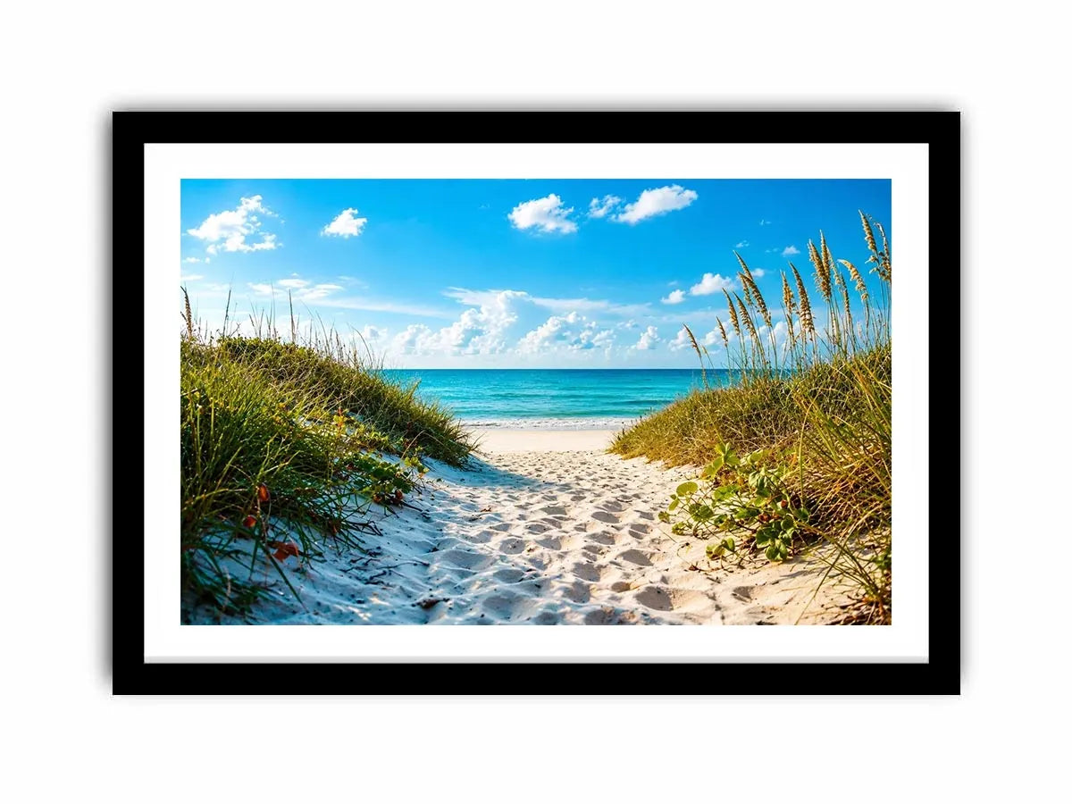 Sunny beach path to turquoise waves