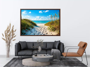 Sunny beach path to turquoise waves